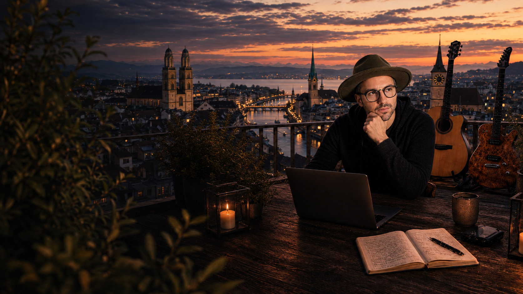 Pascal Luther working on a laptop on a rooftop in Zürich at sunset, with guitars beside him.