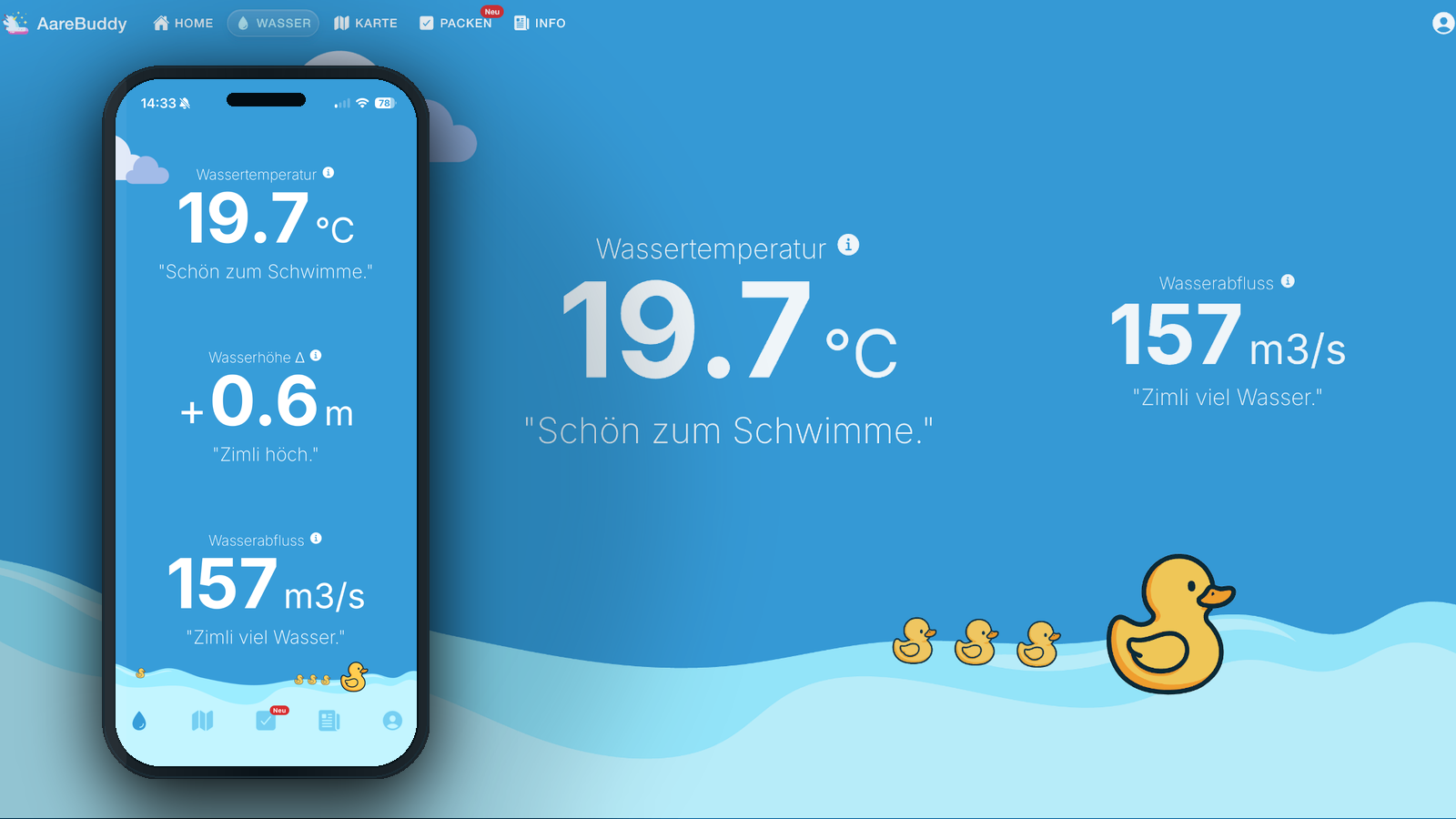 AareBuddy river companion app screens for swimming and Bööteln.