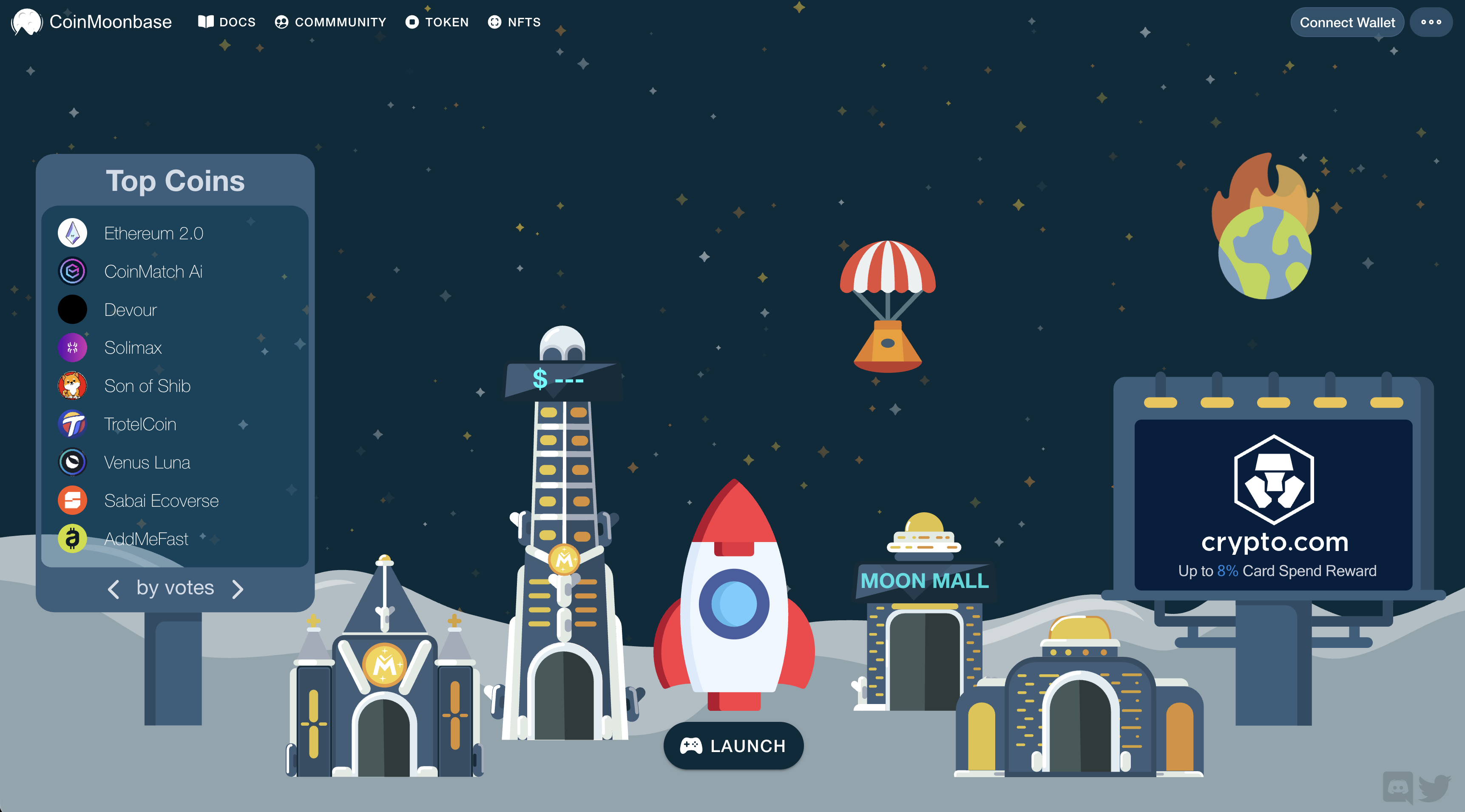 CoinMoonbase starfield gameplay screen with a rocket, moons ship controls and wallet connection.